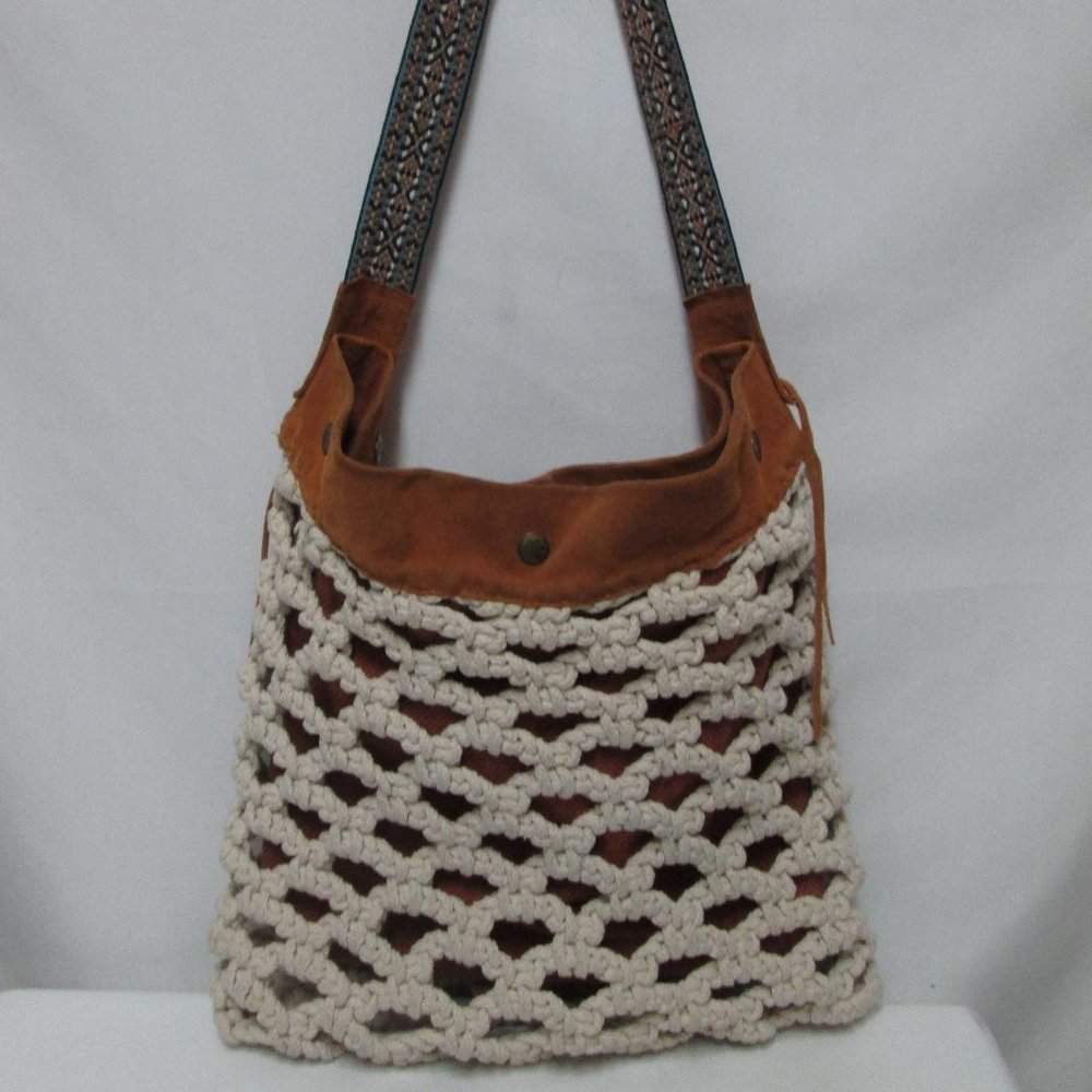 Boho Crochet Leather-Trim Shoulder Bag - Brown & Cream